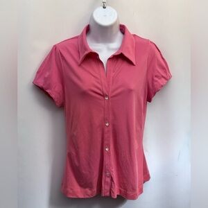 THEORY Polo Golf Shirt Womens L Cap Sleeves Pink Button Up Cotton Stretch Tennis